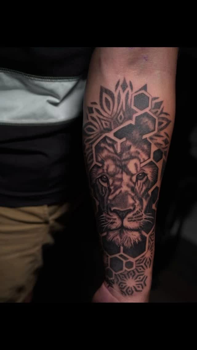 Black and grey lion forearm tattoo with geometric mandala accents by Gynmo at Shadow Studio Charlotte