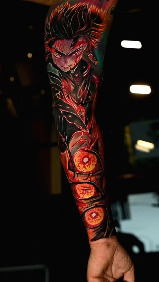 Anime-style color realism sleeve tattoo by Shadow Studio Charlotte